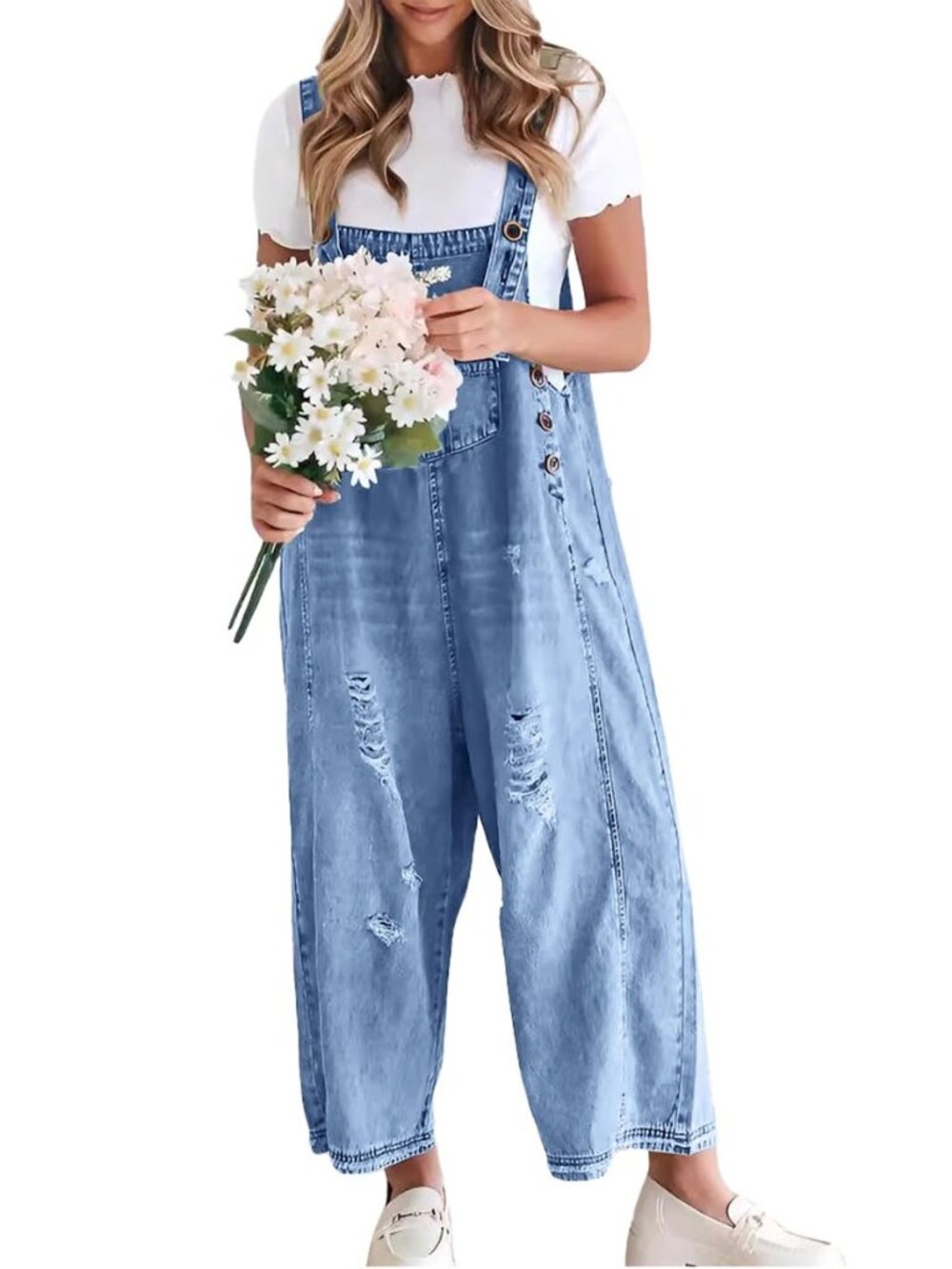 Women Loose Adjustable Strap Denim Bib Overall Jeans Distressed Wide Leg Baggy